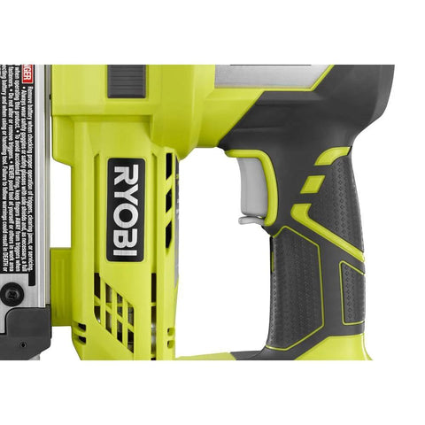 Close-up of Cordless AirStrike 23-Gauge Pin Nailer Kit for 18V ONE+, showing handle and trigger, designed for trim and cabinetry work.