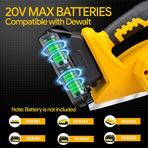 Cordless handheld planer powered by a 20V Max battery displaying battery compatibility with Dewalt models DCB201-DCB206.