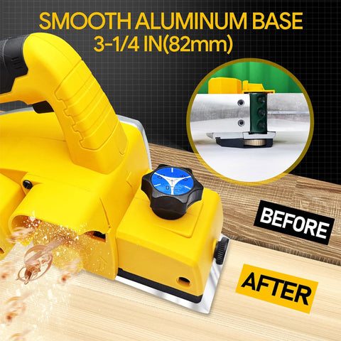 Cordless handheld planer in use with 82 mm wide cuts, 0-2 mm depth adjustment; shown cutting wood, highlighting smooth finish.
