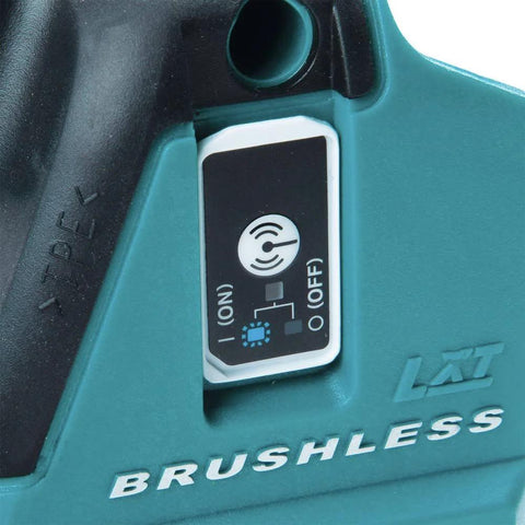 Close-up of the Cordless 18V LXT Brushless 3-1/4 Inch Planer With AWS switch featuring brushless design and LXT branding.