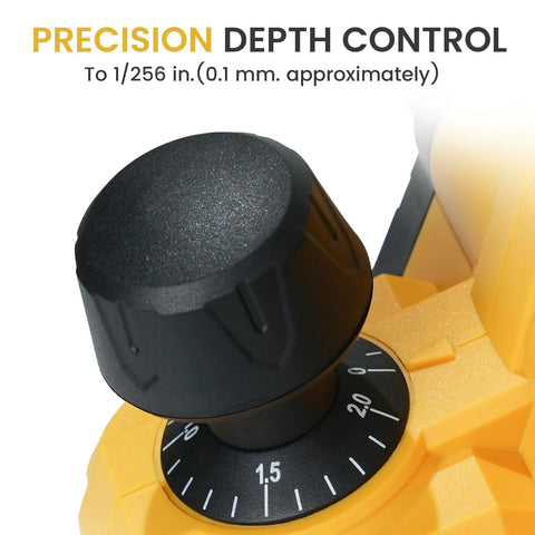 Close-up of precision depth control knob on cordless 3-1/4 inch hand planer compatible with Dewalt 20V MAX batteries.