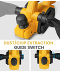 Cordless 3-1/4 inch hand planer compatible with Dewalt 20V MAX batteries, featuring dust extraction guide switch.