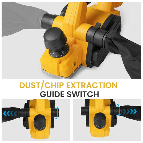 Cordless 3-1/4 inch hand planer compatible with Dewalt 20V MAX batteries, featuring dust extraction guide switch.