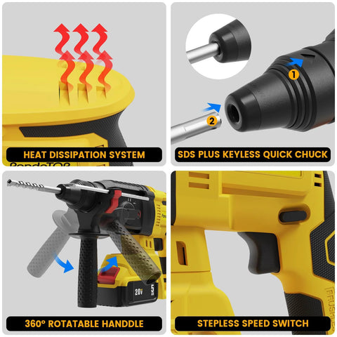 Cordless SDS Plus Rotary Hammer Drill For Dewalt 20V Max Brushless With 4 Modes showcasing features like heat dissipation and keyless chuck.