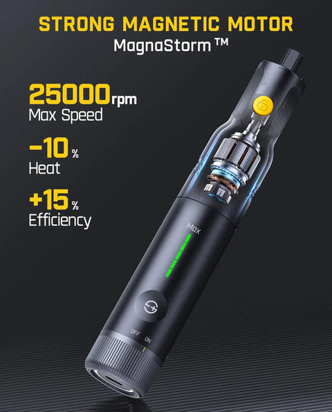 Cordless Rotary Tool Kit With Magnetic Motor And Revostor Hub; tool features 25000 RPM max speed, efficient and heat-reduced design.