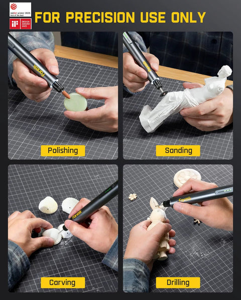 Cordless Rotary Tool Kit With 25,000 RPM NeoPulse Brushless Hollow Cup Motor in use for polishing, sanding, carving, and drilling.