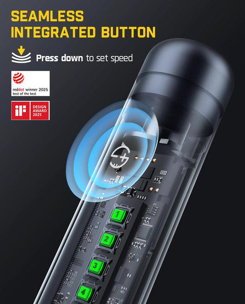 Close-up of Cordless Rotary Tool Kit with seamless integrated button for speed adjustment, highlighting design awards.