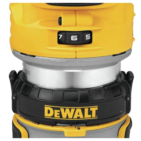 Close-up of DEWALT 20V Max XR Cordless Brushless Router with variable speed dial and precise depth adjustment