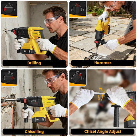 Cordless SDS Plus Rotary Hammer Drill For Dewalt 20V Max in use for drilling, chiselling, and hammering in concrete and masonry work.