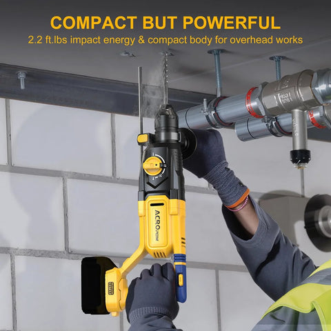 Person using compact cordless SDS Plus hammer drill with 3J impact energy and four modes on overhead metal pipe.