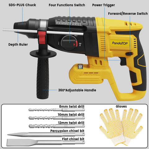 Cordless SDS Plus Rotary Hammer Drill For Dewalt 20V Max Brushless With 4 Modes And 5 Drill Bits Battery Not Included For Concrete Masonry Wood And Metal Compact Lightweight Tool For Pros And DIY Enthusiasts.