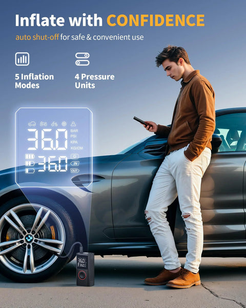 Cordless Tire Inflator Portable Air Compressor 150 PSI With Pressure Gauge And LED Light next to a car and person holding phone