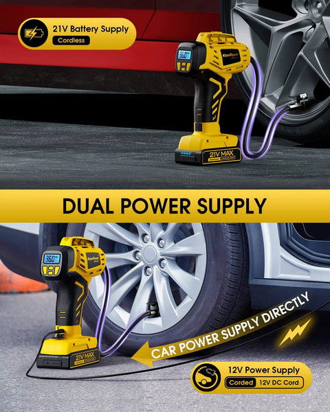 Portable Tire Inflator With Dual Power Modes, 21V Cordless Rechargeable Battery Powered Air Compressor by a car wheel