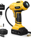 Cordless Tire Inflator Air Compressor With 20V Rechargeable Battery 160 PSI Maximum, digital gauge, dual power options.