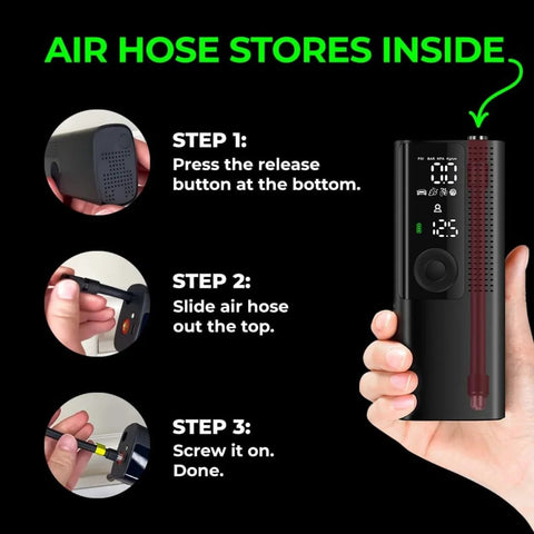 Portable Tire Inflator Air Compressor With Digital Pressure Gauge LED Light And Auto Shut Off instructions showing air hose storage.
