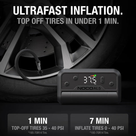 Air AL5 Cordless Tire Inflator With 5A Battery Power near tire, digital gauge display showing psi levels