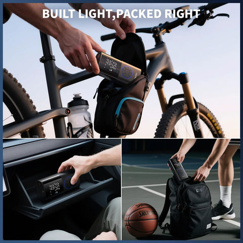 Portable Cordless Tire Inflator with Dual Hose System for bikes, motorcycles, and cars in use outdoors and stored in bags