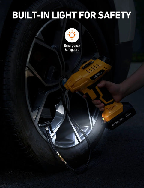 Cordless Tire Inflator Air Compressor With 20V Rechargeable Battery inflating car tire at night with safety light feature