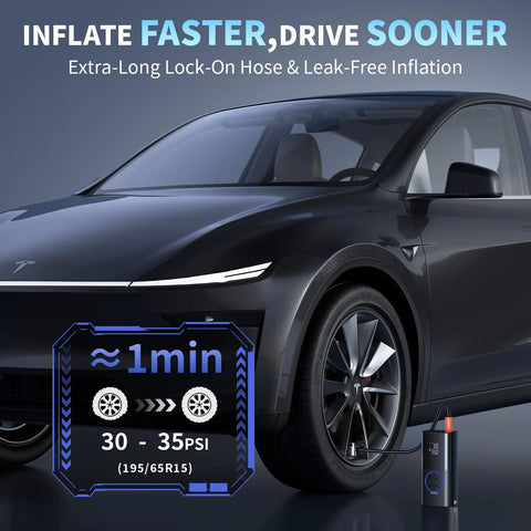 Portable Cordless Tire Inflator With Dual Hose System, 160 PSI Auto Air Pump inflating car tire, digital gauge displayed