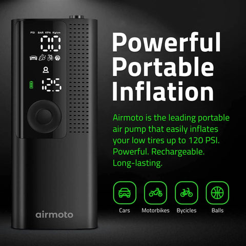 Cordless Tire Inflator With Power Kit Bundle For On The Road Charging, portable black air compressor displaying PSI levels.