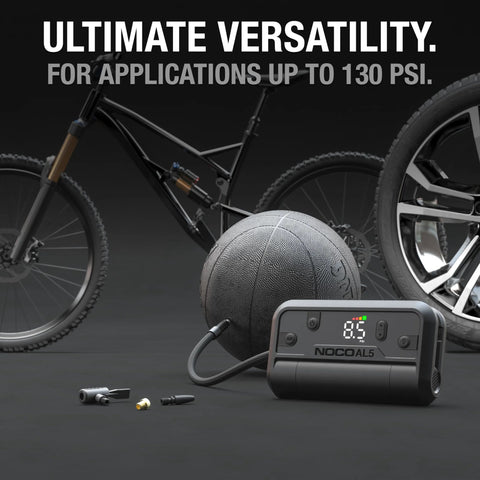 Air AL5 Cordless Tire Inflator With 5A Battery Power next to bike, basketball, and car tire, showcasing versatile use and digital gauge