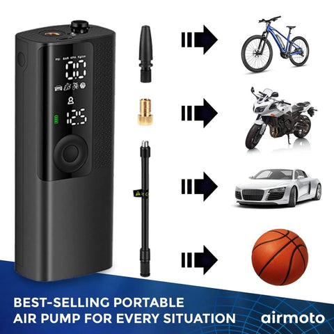 Portable Tire Inflator Air Compressor With Digital Pressure Gauge LED Light And Auto Shut Off For Cars Trucks SUVs Motorcycles Bicycles And Balls Cordless Pump Quickly Inflates Up To 120 PSI With Precise Readings In A Compact Easy To Store Design product with adapters.