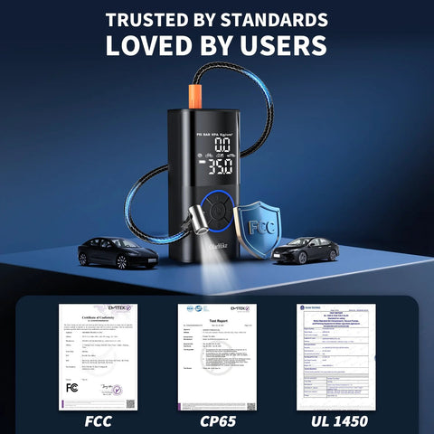 Portable Cordless Tire Inflator With Dual Hose System displayed with cars, LED light, and certification documents, 160 PSI auto air pump.