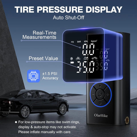 Portable Cordless Tire Inflator With Dual Hose System, 160 PSI Auto Air Pump with digital pressure display, LED light for cars