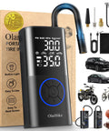 Portable Cordless Tire Inflator With Dual Hose System, 160 PSI Auto Air Pump displayed with accessories and packaging