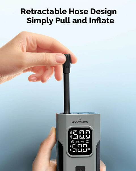 Person using Cordless Tire Inflator Portable Air Compressor With Digital Pressure Gauge And LED Light, 150 PSI displayed