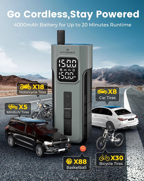 Cordless Tire Inflator Portable Air Compressor With Digital Pressure Gauge And LED Light, 150 PSI Electric Pump, shown with vehicles and basketball