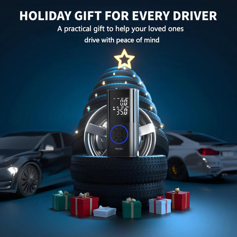 Portable Cordless Tire Inflator With Dual Hose System, 160 PSI Auto Air Pump displayed with holiday gift background and cars