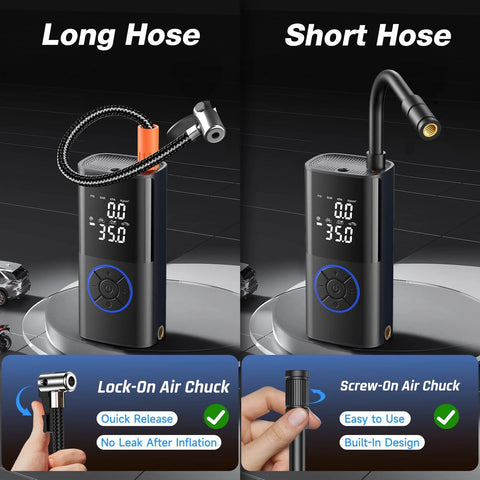 Portable Cordless Tire Inflator With Dual Hose System, 160 PSI Auto Air Pump, LED Light, Digital Gauge, long and short hose options