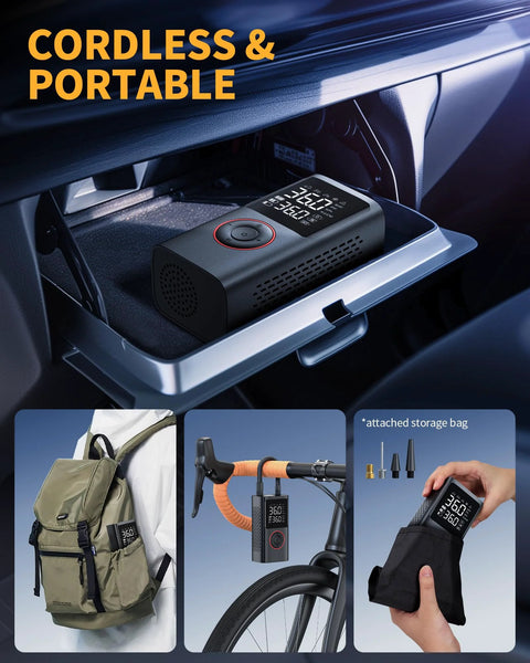 Cordless Tire Inflator Portable Air Compressor 150 PSI with Pressure Gauge and LED Light in car, bag, and bike use
