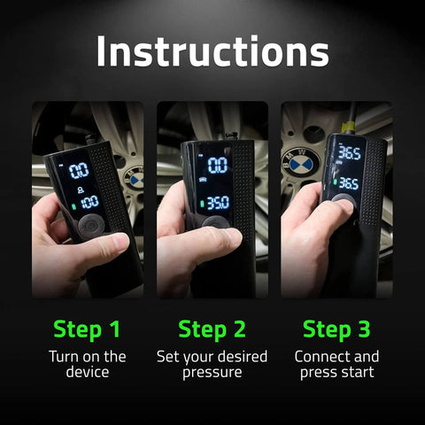Instructions for Cordless Tire Inflator With Power Kit Bundle, showing pressure settings and connection on digital screen.