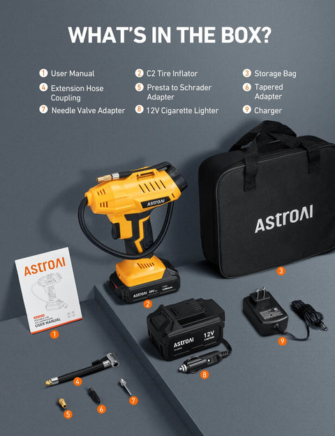 Cordless Tire Inflator Air Compressor With 20V Rechargeable Battery 160 PSI, accessories, storage bag, and manual in box