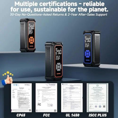 Cordless Tire Inflator Portable Air Compressor With 150 PSI Dual Power 6000mAh Battery and certification documents shown.
