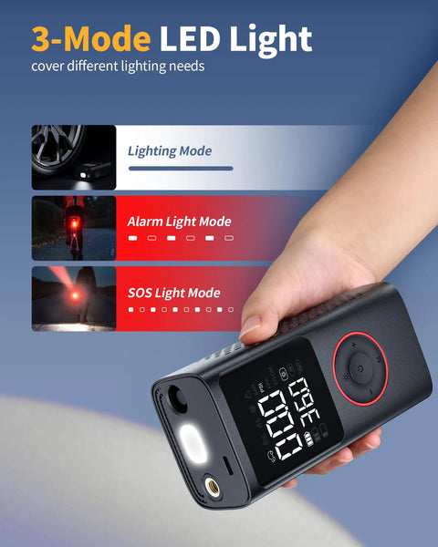 Person holding Cordless Tire Inflator Portable Air Compressor 150 PSI With Pressure Gauge And LED Light showing 3 modes.