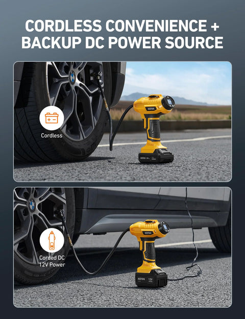 Cordless Tire Inflator Air Compressor with 20V Rechargeable Battery used beside a car for tire inflation, showing dual power supply options