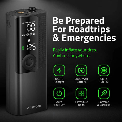 Cordless Tire Inflator With Power Kit Bundle For On The Road Charging, Portable air compressor with digital display and features list.