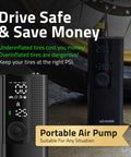 Cordless Tire Inflator With Power Kit Bundle For On The Road Charging near tire, displaying PSI for cars trucks SUVs motorcycles bicycles balls