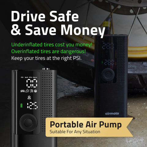 Cordless Tire Inflator With Power Kit Bundle For On The Road Charging near tire, displaying PSI for cars trucks SUVs motorcycles bicycles balls