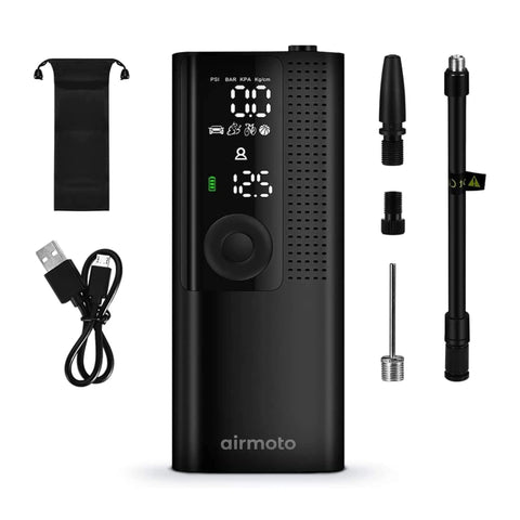 Cordless Tire Inflator With Power Kit Bundle For On The Road Charging showing portable air compressor and accessories