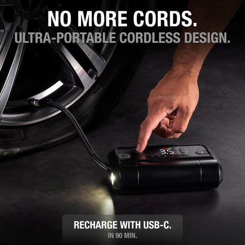Air AL5 Cordless Tire Inflator With 5A Battery Power in use, inflating car tire, digital gauge visible, auto shutoff function active.