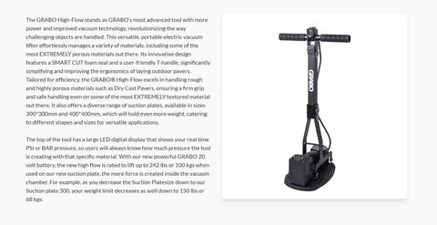High-Flow Cordless Vacuum Lifter For Pavers And Porous Materials With LED Pressure Display, ergonomic handle, Smart Cut foam seal