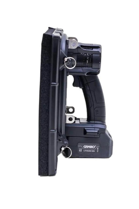 Side view of High-Flow Cordless Vacuum Lifter for pavers with LED pressure display, ergonomic pistol grip, and Smart Cut foam seal.
