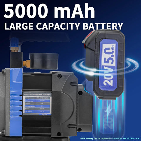 Cordless vacuum pump HVAC with 5000mAh 20V battery feature