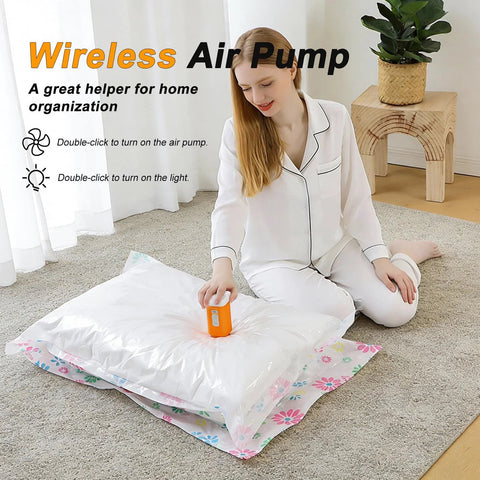 Woman using Portable Vacuum Storage Bag Pump Cordless Travel Electric Rechargeable Compression Vacuum Pump in living room.