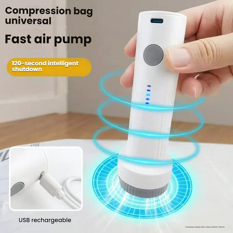 Cordless vacuum pump for travel storage with fast air pump and USB rechargeable features, ideal for compressing clothes and fabrics.