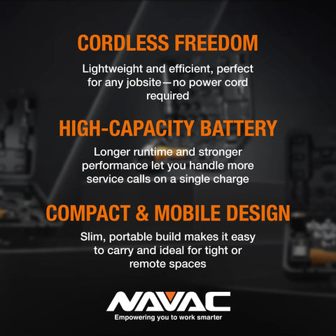 Cordless Vacuum Pump for HVAC Service With Battery Power and Check Valve NAVAC NP2DLM features and logo